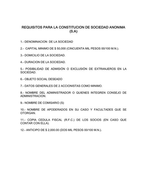 Requisitos Para La Constitución De Sociedad Anónima S A