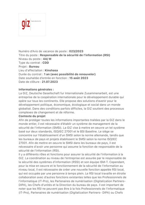 La Giz Recrute Un Responsable De La S Curit De L Information Rsi