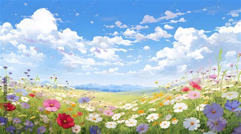 Wildflower Field In Bloom Anime Style Nature Background Anime