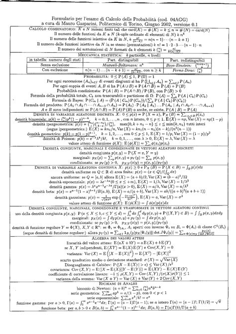 Formulario Per Esame Calcolo Delle Probabilità Docsity