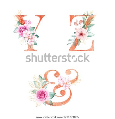 Watercolor Gold Floral Alphabet Set Y Ilustra Es Stock