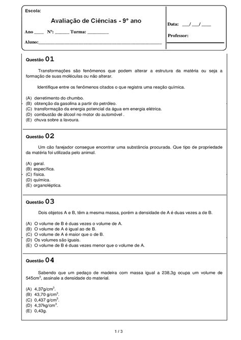 Portal Escola Atividades De Ci Ncias Ano Avalia Es Provas