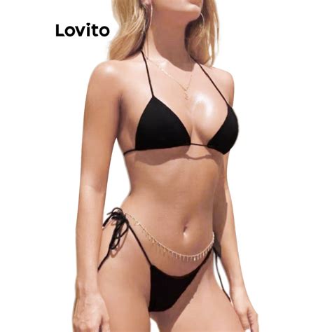 Lovito Women Glamorous Plain Lace Up Bikini Sets Lne Shopee