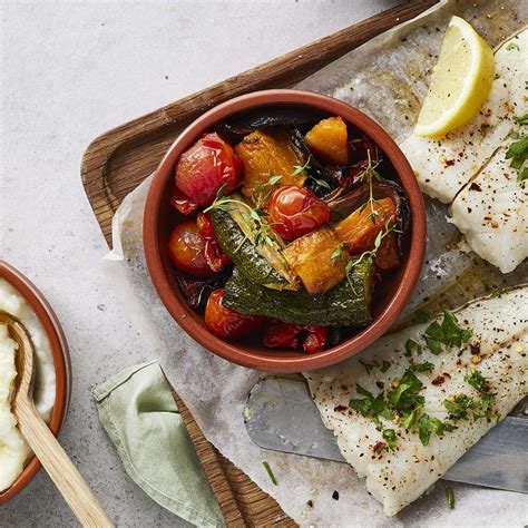 Grilled Hake Fillets Withlemon Butter Mash And Roast Vegetables Iandj