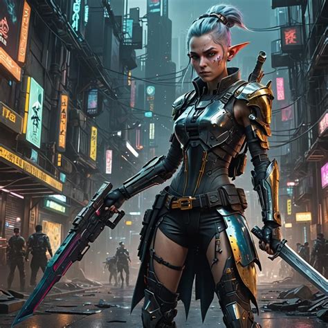 Cyberpunk A Cyberpunk Elf With A Sword In One Hand And A Pistol In The