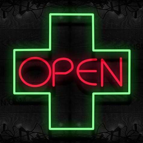 Open With Green Cross Border Neon Sign - NeonSign.com