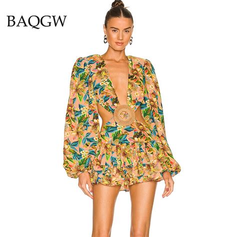 Spring Autum Women Floral Printed Beachwear Dress Sexy Deep V Neck Sexy