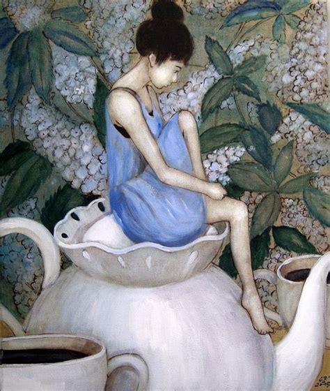 A Painting Of A Woman Sitting On Top Of A Tea Pot