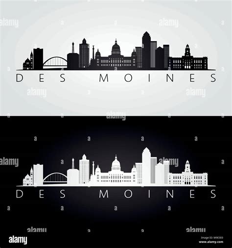 Des Moines USA Skyline And Landmarks Silhouette Black And White Design