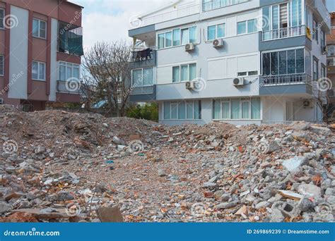 Destroyed Homes Ruins Pile Of Concrete And Bricks In After The