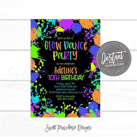 Glow Party Birthday Invitation Neon Glow Dance Party Etsy