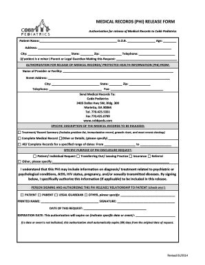 Fillable Online Medical Records Phi Release Form Cobb Pediatrics