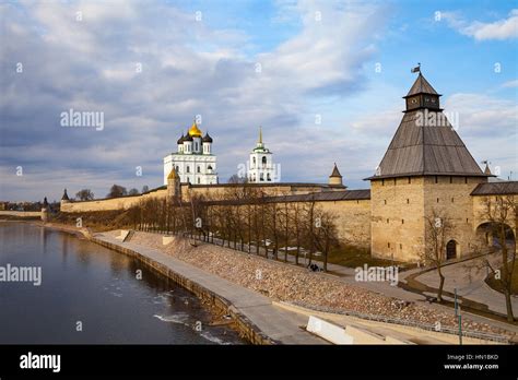 Pskov Kremlin Krom Fortress Wall With Beautiful Embankment Stock