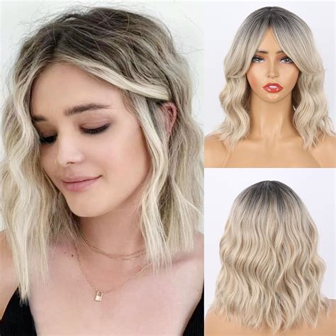 LEOSA Short Wavy Bob Wig With Curtain Bangs Ombre Ash Blonde Curly Bob