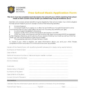 Fillable Online A Free School Meals Application Form Docx Fax Email