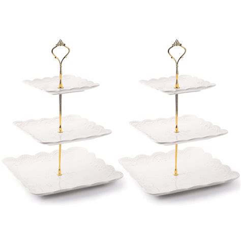 Buy Tebery2 Pack 3 Tier White Ceramic Embossed Dessert Cake Tower Stand