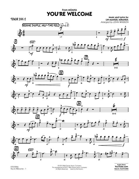 You Re Welcome From Moana Arr John Wasson Tenor Sax 2 Por Lin Manuel Miranda Partituras