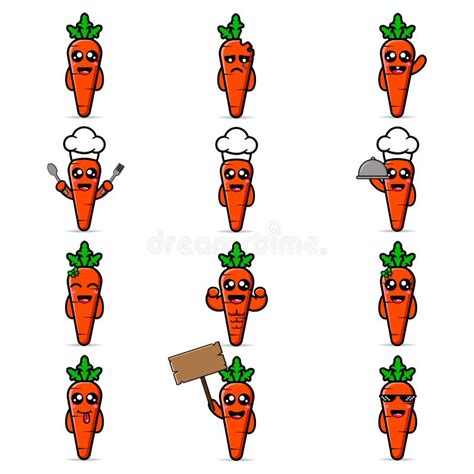 Set Cute Carrot Design Mascot Kawaii Stock Vector Illustration Of