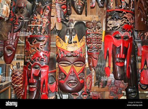 Masai Wooden Masks And Traditional Craft Items Being Sold At A Stock