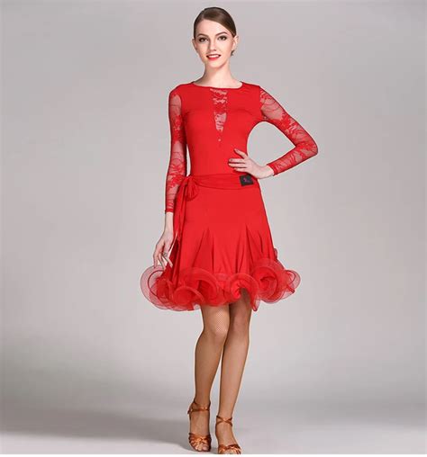 Standard Latin Dance Skirt Women Long Sleeve Lace Tango Rumba Samba Red