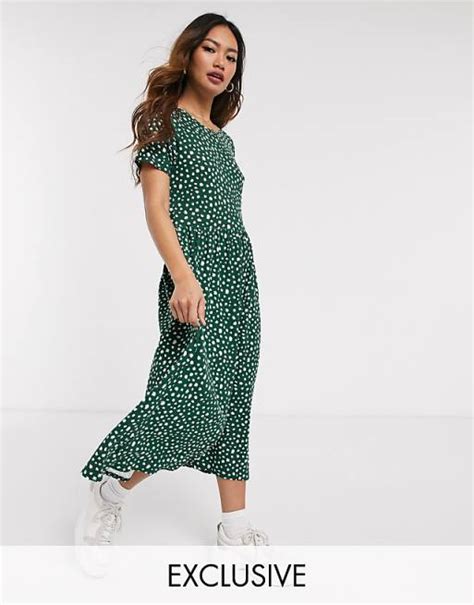 Wednesdays Girl Midi Smock Dress In Green Smudge Spot Print Asos