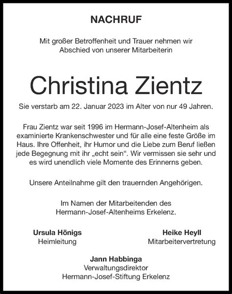 Traueranzeigen Von Christina Zientz Aachen Gedenkt