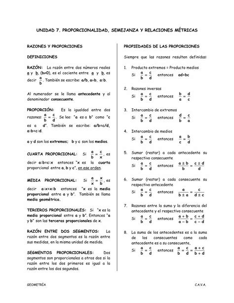 Pdf Unidad 7 Proporcionalidad Semejanza Y Relaciones MÉtricas · Proporcionalidad Semejanza