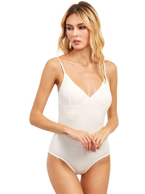 White Spaghetti Strap V Neck BodysuitFor Women Romwe