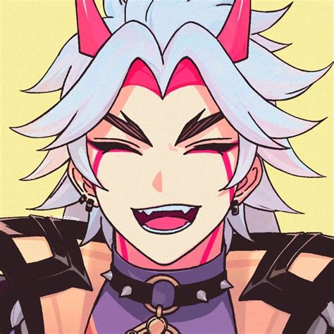 An Anime Character With White Hair And Horns On His Head Smiling At