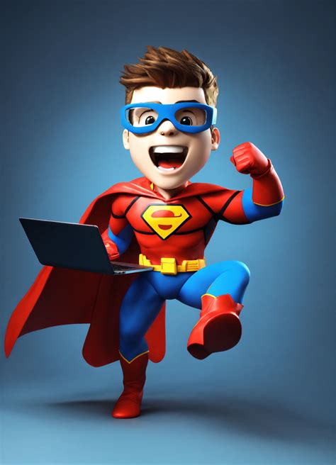 Lexica Superhero Mascot 3d Full Body Screaming Happy Holds Laptop