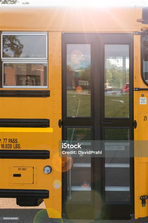 Closeup Of School Bus Side Door Stock Photo - Download Image Now ...