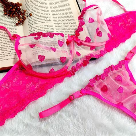 Conjunto de Lingerie Sexy Coração Encantado de Tule CLSCET042 Shopee