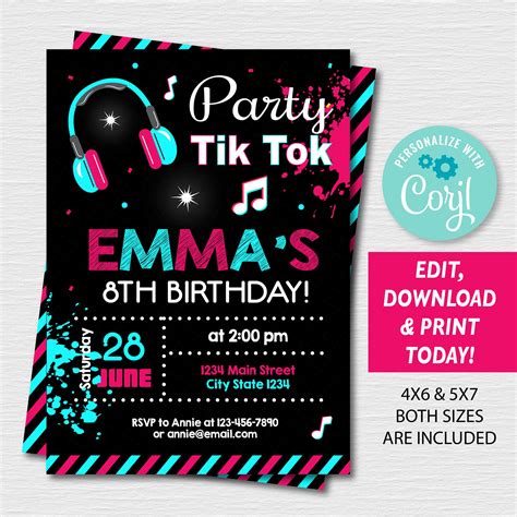 Self Editable Tik Tok Birthday Invitation Tik Tok Party Etsy España