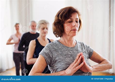 Group of Senior People Doing Yoga Exercise in Community Center Club ...