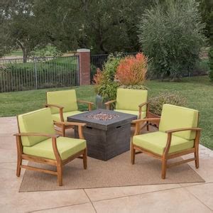 Noble House Perla Teak Brown Piece Wood Patio Fire Pit Set With Green