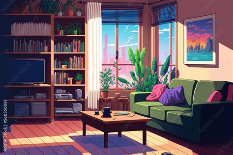 simple color living room, interior, anime background, manga style ...