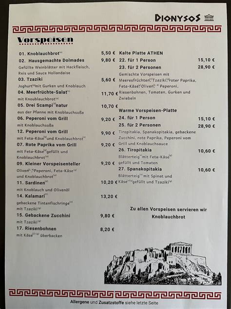 Speisekarte Von Restaurant Dionysos Ravensburg