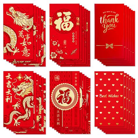 36pcs Chinese Red Envelopes Chinese New Year Hong Bao Packet Red Gold