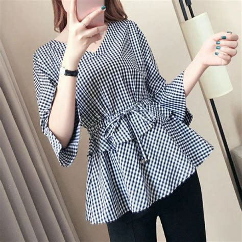 Summer New V Neck Elegant Women Plaid Blouses Vintage Fashion Shirring