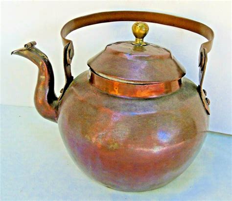 Antique Dovetailed Copper Tea Kettle Pot Brass Knob Goose Neck Riveted