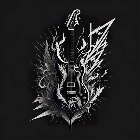 A black and white drawing of a guitar with flames and the words ...