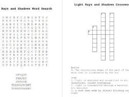 Light Rays, Shadows Word Search & Crossword Keywords | Teaching Resources