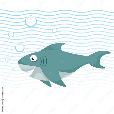 Trendy cartoon style cheerful shark with big eyes swimming underwater. Waves and bubbles ...