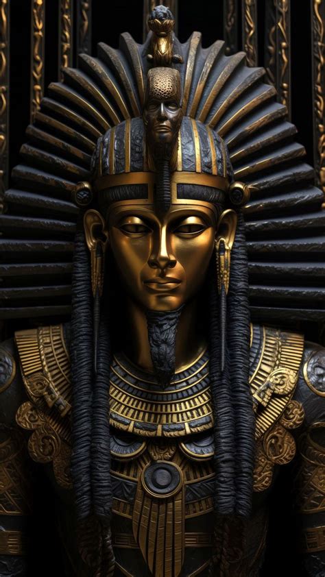 An Egyptian Statue Is Shown In Gold And Black Colors With Intricate