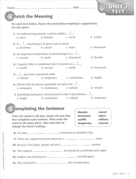 Vocabulary Workshop Level A Unit Answers Vocabulary Worksh