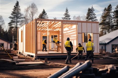 Premium Photo Construction Workers Assembling A Prefabricated House