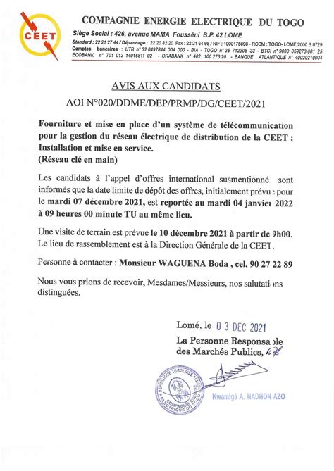 Avis Aux Candidats Avis De Report Aoi N Ddme Dep Prmp Dg Ceet