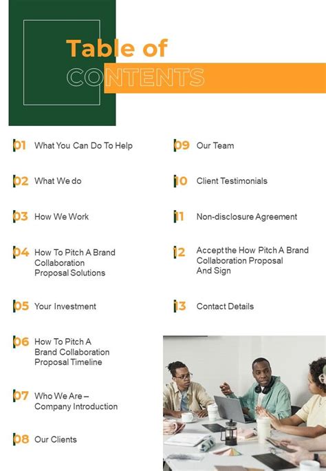 Table Of Contents How To Pitch A Brand Collaboration Proposal One Pager