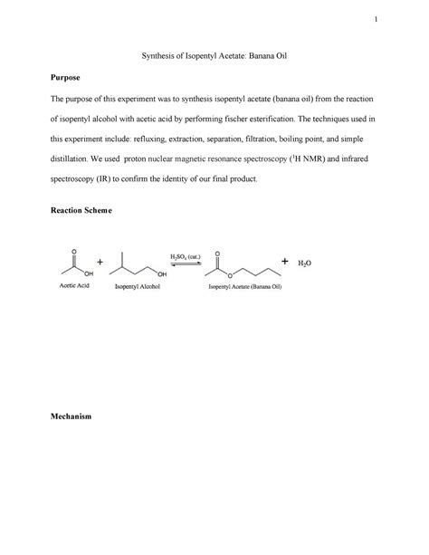 Sythesis Of Isopentyl Acetone Banana Oil Lab Report Synthesis Of