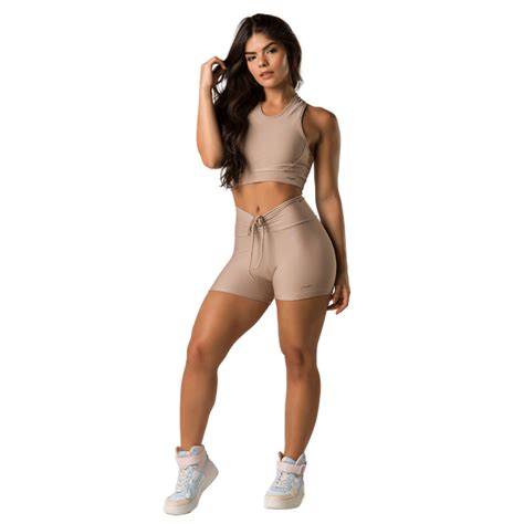 Conjunto Feminino Top Nadador e Short Cadarço Nude Tecido Canelado AVA